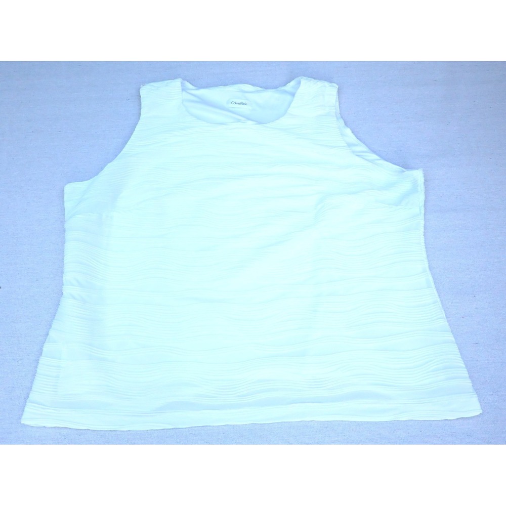 Calvin Klein Womens Sleeveless Blouse White Wavy Rib Knit Shell Jewel 3X Soft